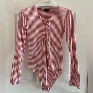 Bardot Red and White Striped Lace up Cotton Bodysuit Sz S